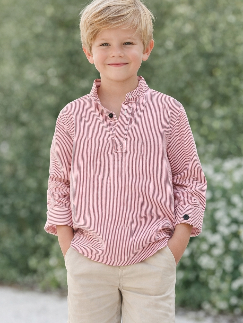 Boys Size 5 Red Pinstripe Henley Shirt Fall Family Photos Preppy Boutique